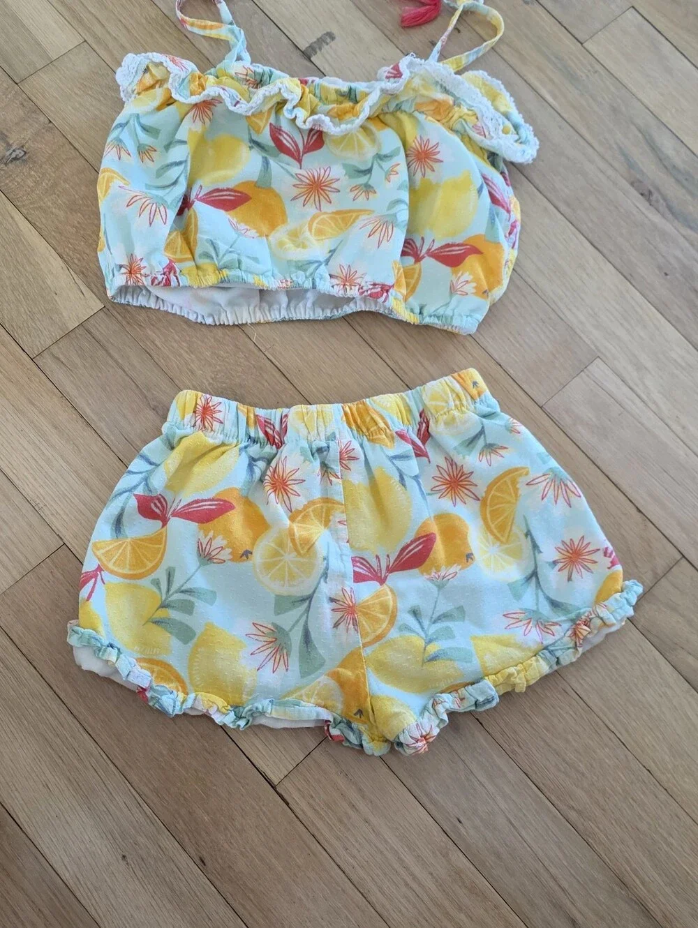 Girls Lemon Print Two-Piece Tank & Shorts Set - Yellow/Blue
